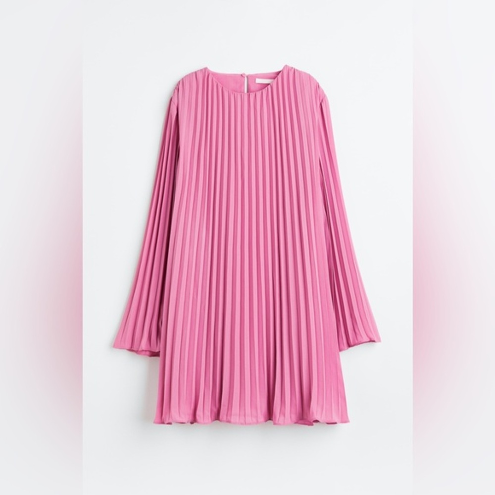 H&M Pink Pleated Long Sleeve Tunic Blouse Flowy Boho Top Size L